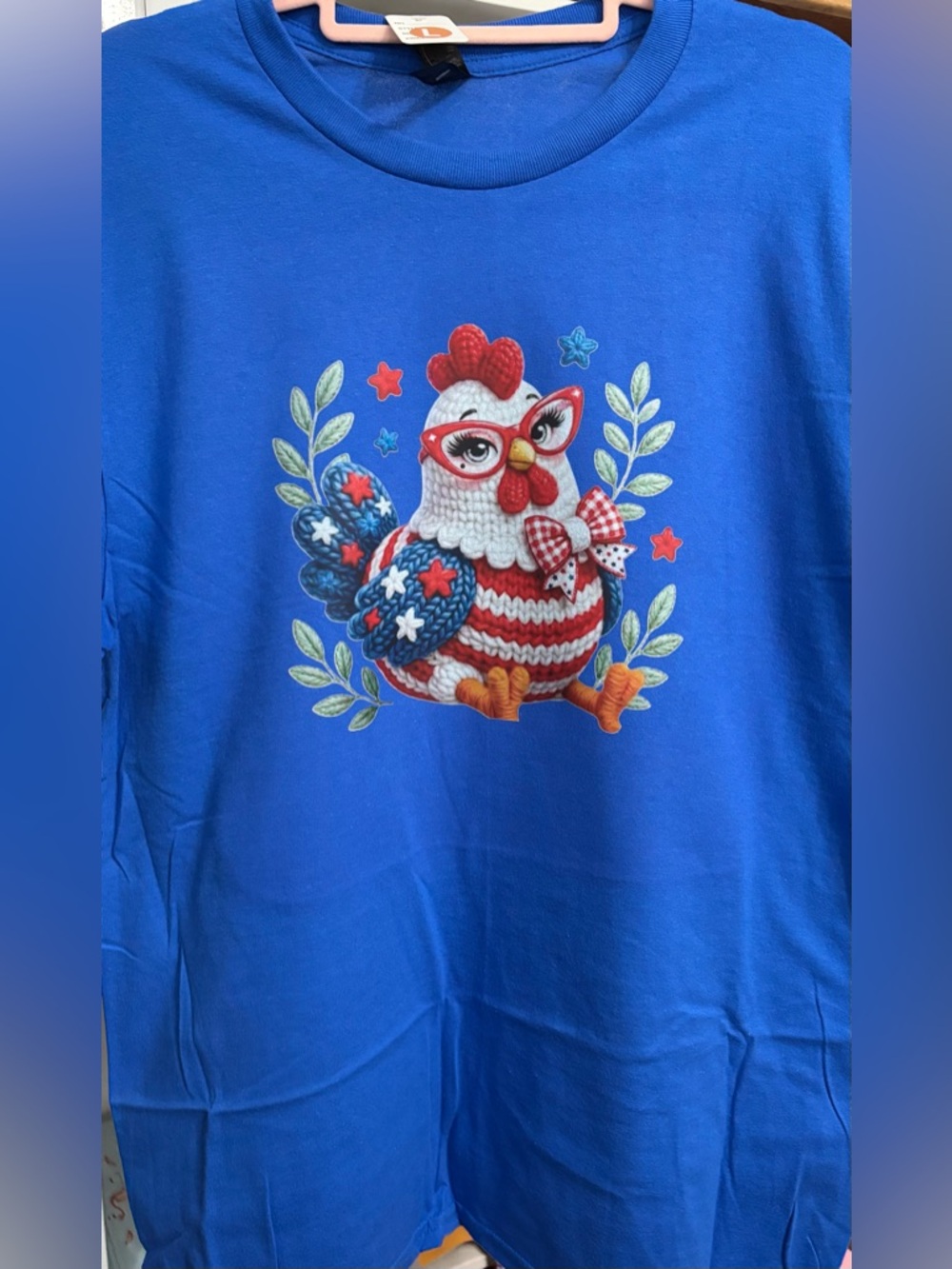 NEW  Blue Graphic Tee with Patriotic Chicken size Large